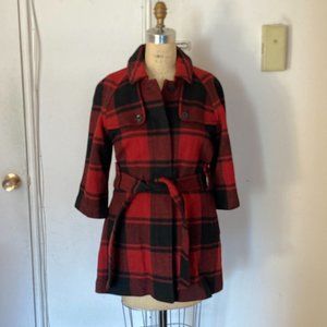 Gap Bufflo Red and Black Plaid Warm Wool  Coat 3/4 Sleeve